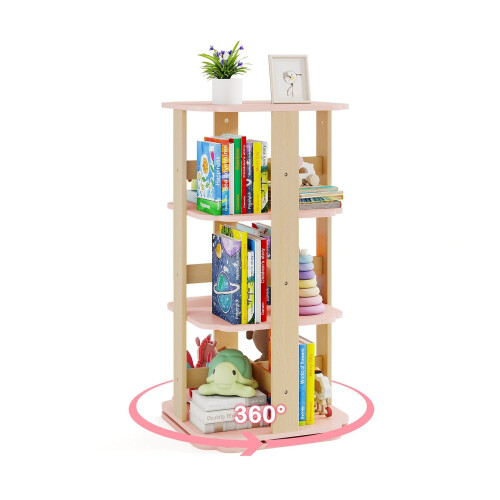 Rotating Kids Bookshelf, 3-Tier, 12 Compartments, Pink