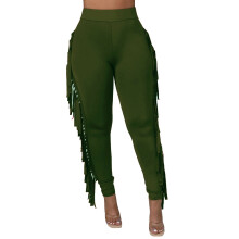 Pantaloni da donna a vita alta in maglia verde militare con nappine – Comodi pantaloni casual da casa, adatti all'uso quotidiano
