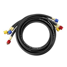 Professionelles HVAC-Befüllschlauchset, 3 farbcodierte Schläuche mit Ventilen für verschiedene Kältemittel (R1234YF, R404A)