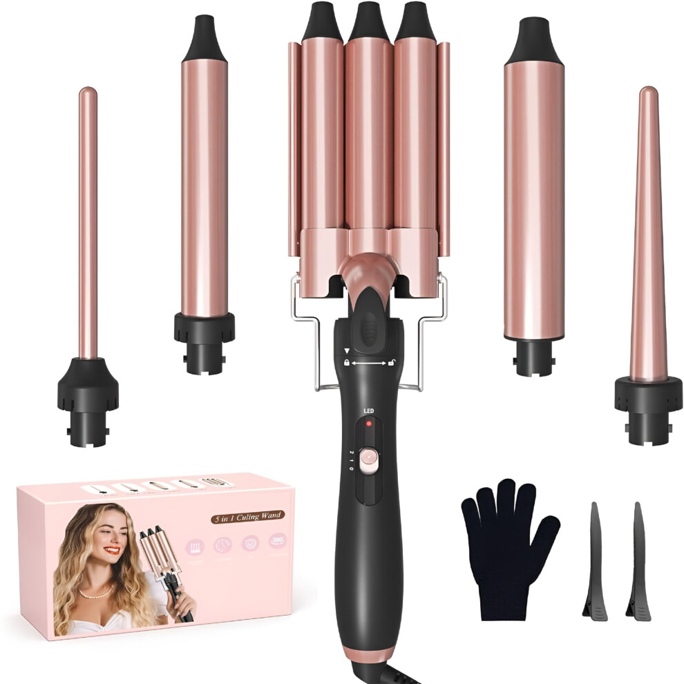 5-in-1 Curling Wand Set: Triple Barrel Crimpers & Wavers, Interchangeable Ceramic Wand, 30s Heat-up, Compatible with All Hair Types