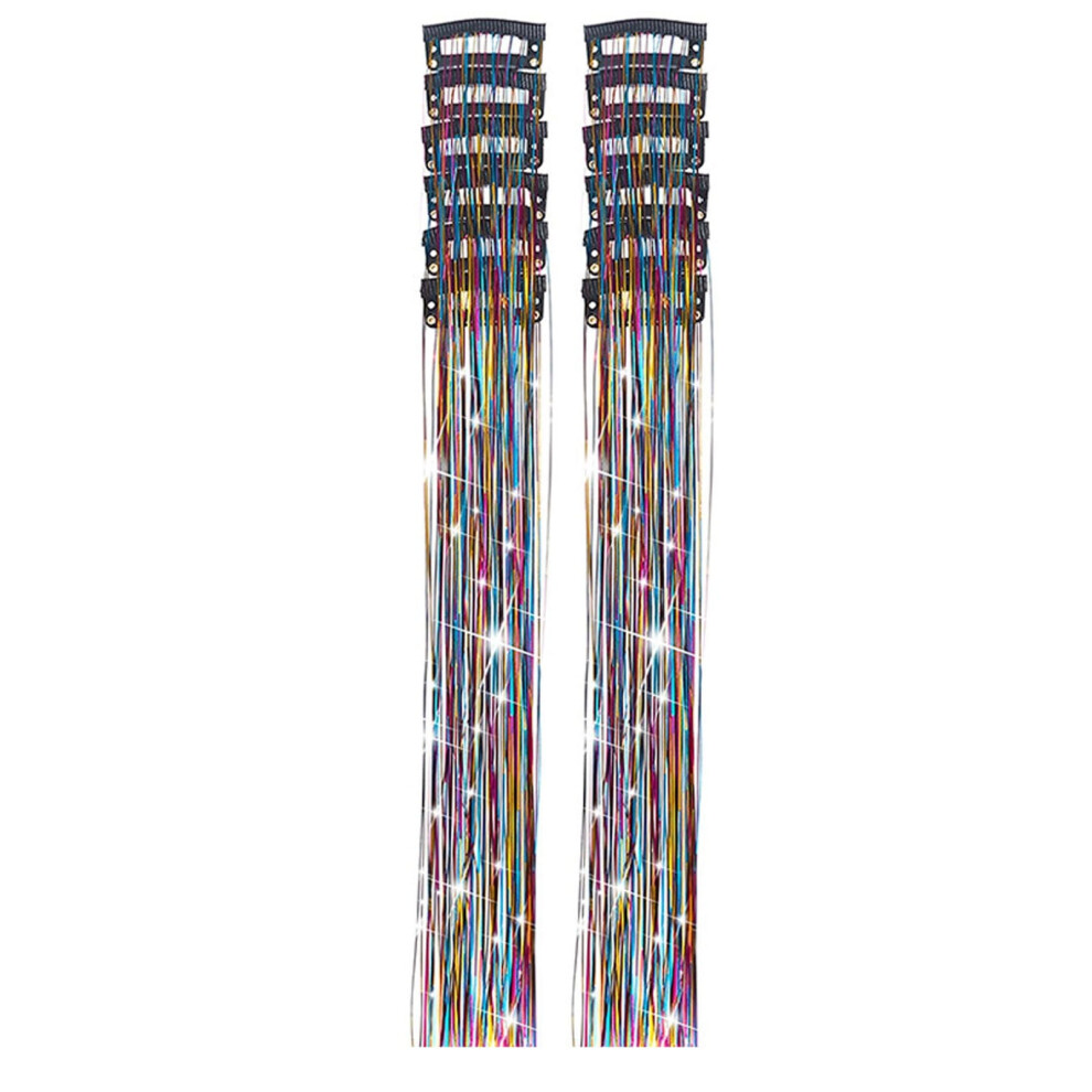 Unisex 12Pcs 20" Clip-In Tinsel Hair Extensions, Champagne Glitter, Heat-Resistant, Festival Fairy Hair Accessories
