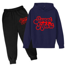 AWZXDE Boys Outfits Hoodie Set Valentine Day Letter Print Hooded Sweatshirt Pants Outfit for Children Navy,7-8 Years