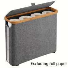 Bamboo Toilet Paper Storage Basket with Lid – Holds 9 Rolls, Gray Fabric, Wooden Slats & Metal Frame, Modern Bathroom Organizer