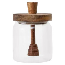 Honey Pot, Airtight Glass Honey Jar with Dipper Stick and Wooden Lid, Honey Containers for Storing Honey, Mason Jar for Home Kitchen