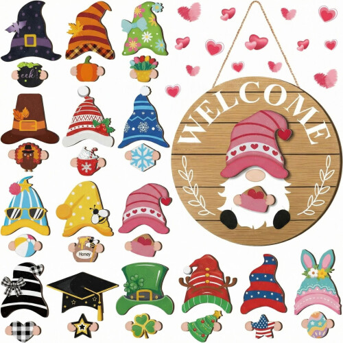 Velkomstskilt i tre, utskiftbart gnome, 30x30cm