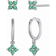 Dainty Flower Shaped CZ Dangle Hoop and Stud Earrings Sets for Women, Drop Huggie Earrings with Cubic Zirconia Charm in Sterling Silver Gifts for Her