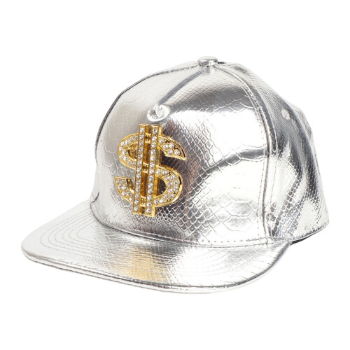 PU Snapback-caps med flat brem, justerbar, sølvfarget