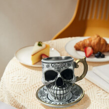 Gothic Skull Coffee Cup with Saucer, 5.113.93in, Gold Rim, Stainless Steel Interior, Bone Design – Compatible with Halloween Decor