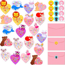 Valentine's Day Cards for Kids 200 Pcs Animal Heart Designs