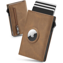 Slim Leather AirTag Wallet for Men, 9-11 Cards, ID Window, RFID Blocking, Compatible with AirTag (Brown)