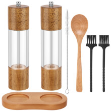 Wooden Salt & Pepper Grinder Set, 8.27" Clear Acrylic Mills with Adjustable Ceramic Mechanism, Refillable, Wood Base & Spoon