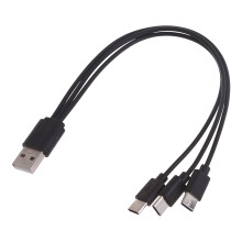 Cabo de carregamento múltiplo 3 em 1 com múltiplas portas USB para USB-C e conector Tipo C.