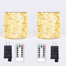 Conjunto de 2 luzes de fada de 30 metros com 300 LEDs, controle remoto com 8 modos, à prova d'água, branco quente, fio prateado, para uso
