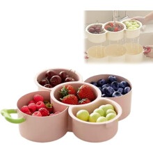 2-Tier Stackable Serving Platter with Handle & Drain Basket, Double Compartment Snack Dish for Kitchen/Home (Pink), compatible with standard racks