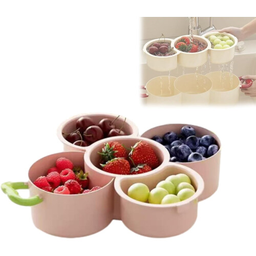 2-Tier Stackable Serving Platter with Handle & Drain Basket, Double Compartment Snack Dish for Kitchen/Home (Pink), compatible with standard racks