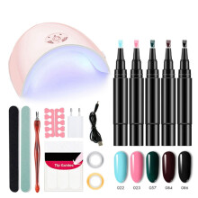 Nail Pen, Professional Nail Pen Set with U V Light, 3 in 1 Quick Dry Polish Pens for Women, Easy Gel Nails Polish Pens for Nails Art (5 Colors)