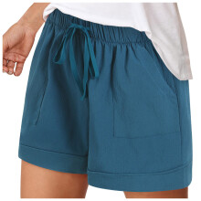 Shorts femininos casuais com bolsos, cordão na cintura elástica, em algodão, tamanhos grandes, para praia e férias, tendência verão 2025.