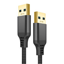 Cabo de extensão USB 3.0 trançado em nylon para transferência de dados, com conectores macho duplos para câmeras e ventiladores.