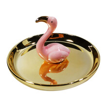 Ceramic jewelry organizer with flamingo figurine, gold pink