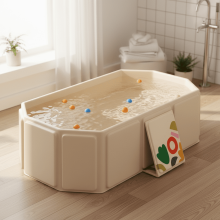 Portable Large Foldable Bathtub Shower Tray for Adults & Children Family Use Space Saving Storage Beige