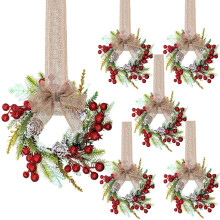 Conjunto de 6 mini guirlandas de eucalipto de 23 cm, artificiais com toque realista, fita de juta e detalhes em pinha/frutas vermelhas, decoração