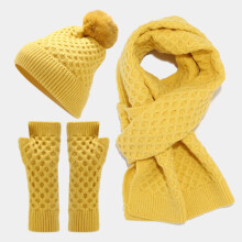 Women's Winter Pom Pom Beanie Set w/ Fleece-Lined Hat, Wrist Warmers & Scarf – 3-Piece Matching Skiing Gift Set (Yellow)