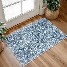Vintage washable rug denim blue white faux wool 3x5 ft
