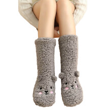 Cute Bear Embroidery Furry Slipper Socks for Women Non Slip Fuzzy Slipper Socks Winter Thermal Warm Home Sleeping Socks