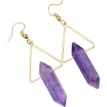 Stone Dangle Drop Earrings for Women, Hexagonal Double Points Healing Crystal Quartz Gold Plated Triangle Earrings with Hook