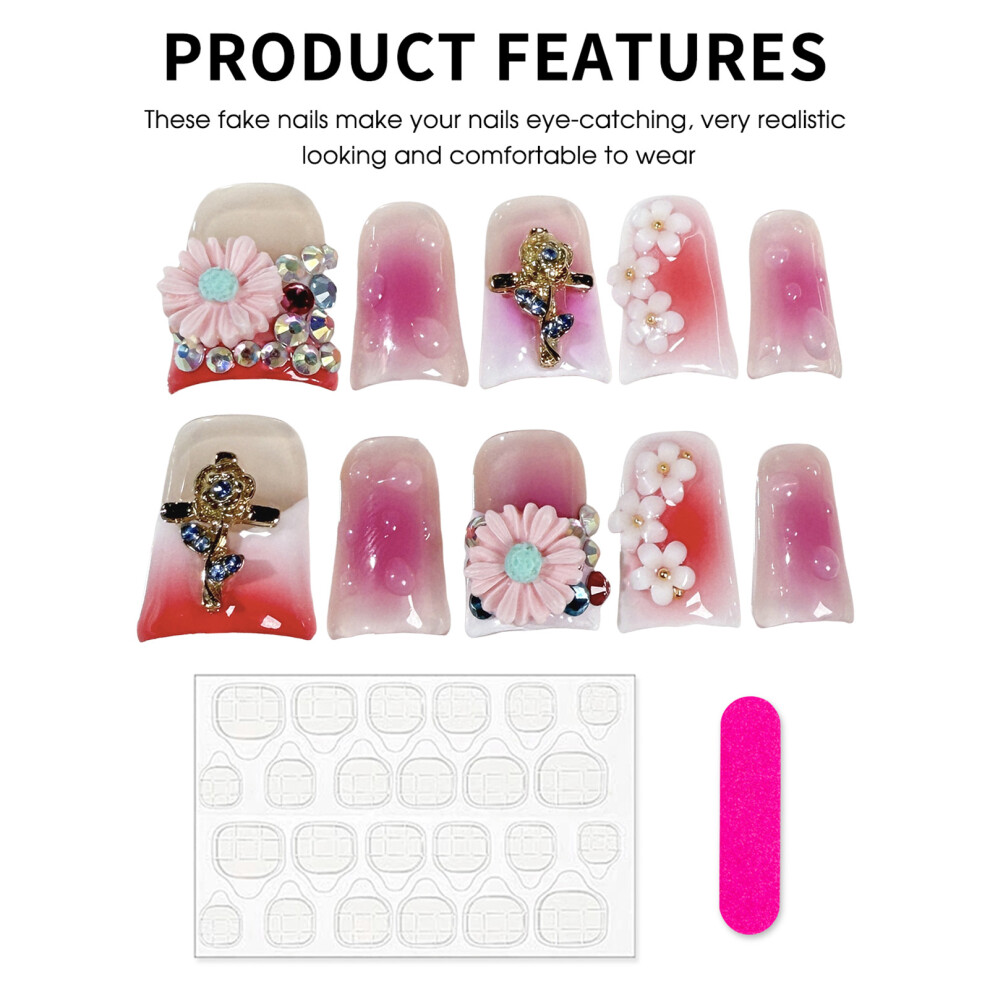 Bright-Home (M) Blush Duck Fake Nails With Flower Decor Lightweight And Easy To Stick Fake Nail For Manicure Lovers And Beauty Bloggers