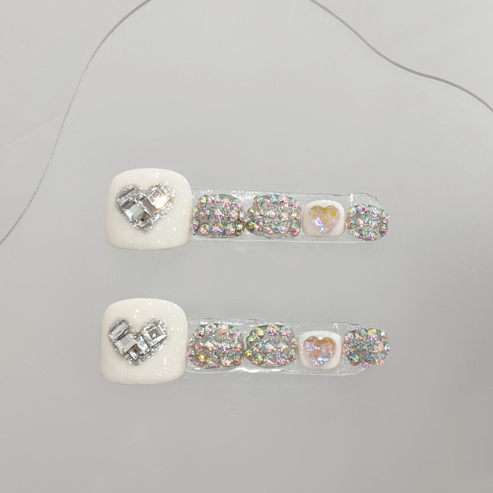 Bright-Home (M) White Fake Toenails With Rhinestone Decor Ultra-Flexible Long Lasting Fake Nails For Shopping Traveling Dating