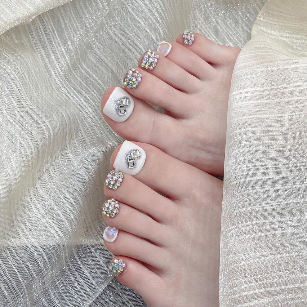 Zhouq-Outdoors (S) Rhinestone White Fake Nails, Long-Lasting & Flexible