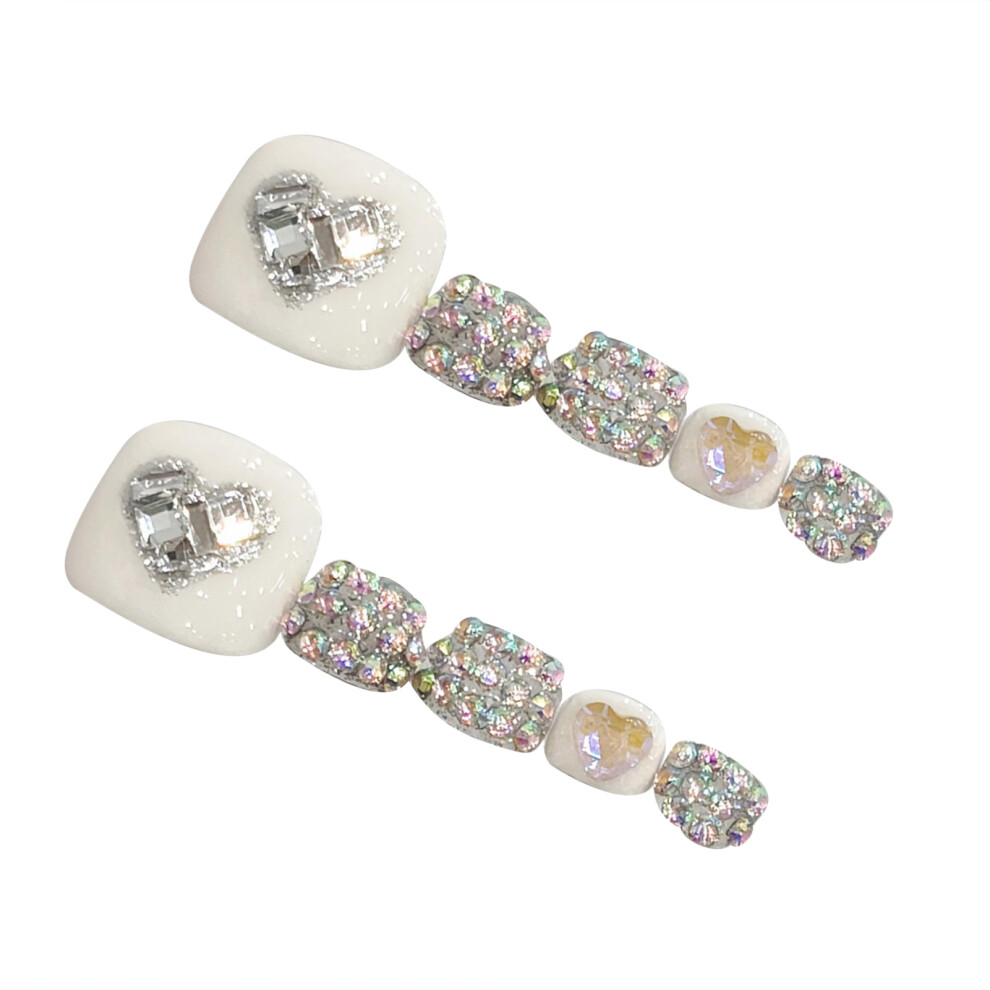 Bright-Home (L) White Fake Toenails With Rhinestone Decor Ultra-Flexible Long Lasting Fake Nails For Shopping Traveling Dating