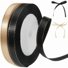 2 rollen van 48 yards (9,5 cm) champagnekleurig zwart satijnen lint met gouden rand, dun polyester, zachte zijde, gouden randversiering,