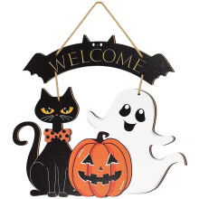 Halloween dekorativt træskilt med sort kat, græskar og spøgelse - Halloween dørskilt, Halloween dekorativt til dørophæng