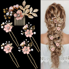 Horquillas para el cabello con forma de flor de cerezo, perlas de cristal rosa y diamantes de imitación dorados.