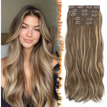 Balayage Clip-in Hair Extensions, 50 cm, mykt bølget hår, 5-delt blondeveft, mellombrune striper – kompatibel med naturlig hår