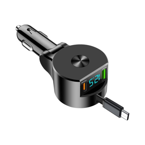 Udtrækkelig biloplader 4-i-1 30W til iPhone og USB-C