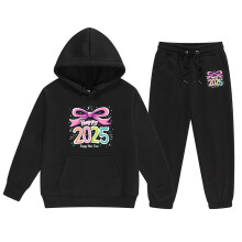 Conjunto infantil AWZXDE2025Year com blusa de manga comprida com capuz e estampa de letras, calça e blusa de moletom, preto, tamanho 3-4 anos.