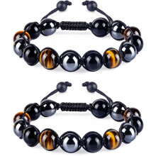2-DELARS Trippelskyddande Armband: Tigeröga, Svart Hematit & Obsidian 10mm Pärlor – Handgjord Lycka/Välståndsgåva