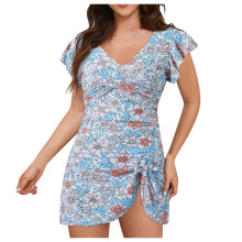 Costum de baie dintr-o bucată, cu control al abdomenului, cu volane, pentru femei, cu noduri, rochii de baie cu decolteu în V, fustă