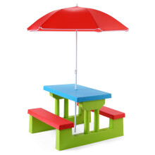 Kids Picnic Table with Removable Umbrella – Outdoor Plastic Patio Furniture for Backyard, Garden, Nursery – Red