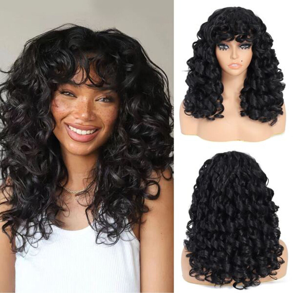 Unisex Black 60Cm Curly Wig Big Curly Wigs For Women 23 Inch Long Curly Wig With Bangs Synthetic Hair Replacement Wigs