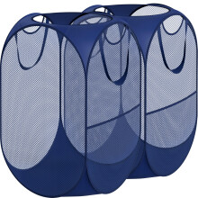 Pop Up Mesh Laundry Basket with Side Pocket, Portable Hamper for Bedroom Dorm Gym, Collapsible Storage Organizer, Dark Blue, 2 Pack