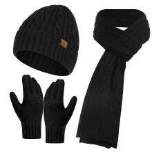 Unisex Winter Knit Set, Fleece Lined Cuffed Beanie, Matching Scarf & Gloves, 3-Piece Thickened Winter Set, Warm Cold Weather Accessories Black