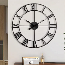 16" Metal Retro Wall Clock with Roman Numerals, Almost Silent – Compatible with Home, Kitchen, Bedroom, Office, School (Black)