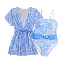 AWZXDE Girls One Piece Swimsuits 2pc Set Floral Print Cover Up Top With Beach Shorts Skirt Kids Swimming Surfing Wear Light Blue