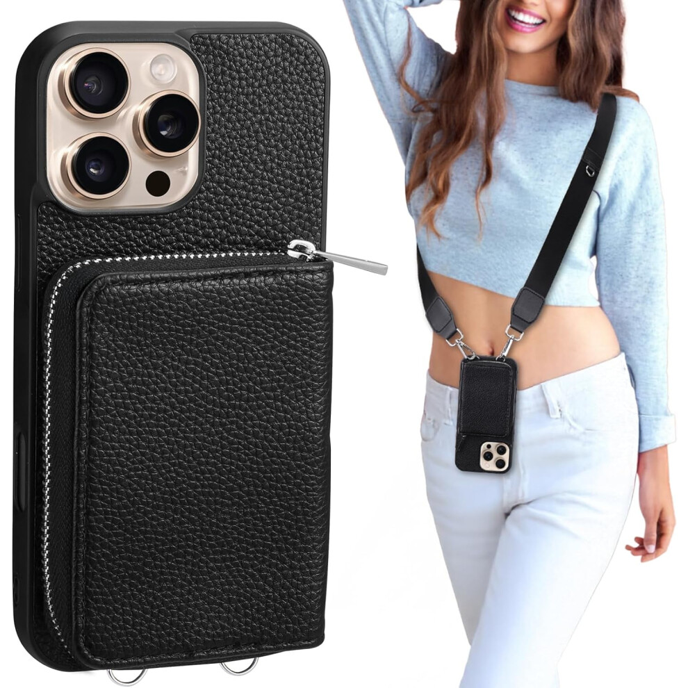 Wallet Case For Iphone 16 Pro Max, Rfid Blocking Pu Leather Crossbody Purse With Card Holder, Zipper Pocket, Wrist Strap & Adjustable Lanyard Â 9313598136466