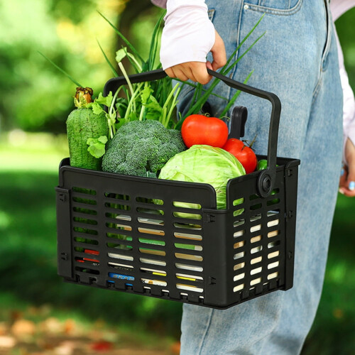 Black Plastic Foldable Bike Basket Front Frame Container with Large Capacity for Bike Accessory