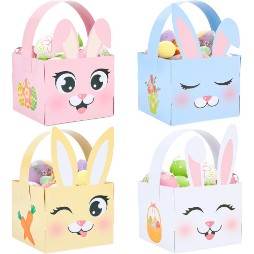 24PCS Easter Bunny Egg Baskets with Handle – Rabbit-Shaped Gift Boxes for Egg Hunt, Classroom & Party – Compatible with Easter Decor